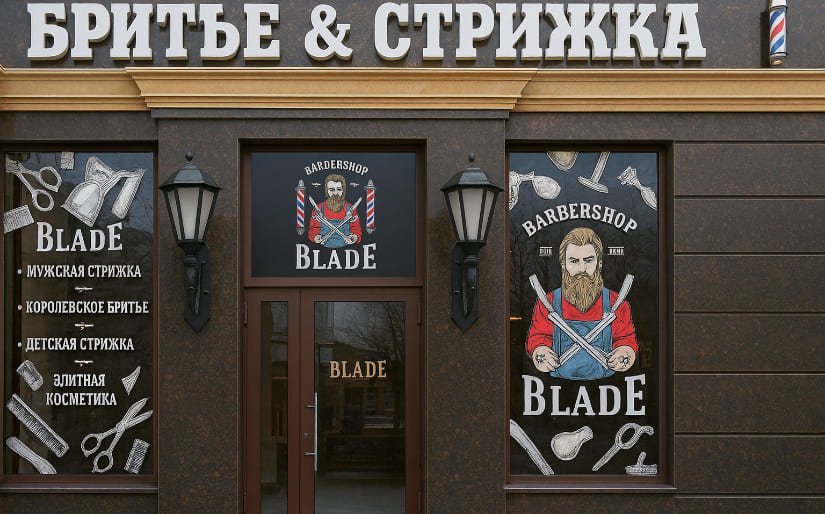 Печать баннера для барбершопа "Blade" по цене от 200 руб/м2, заказать дешево в Москве🔥