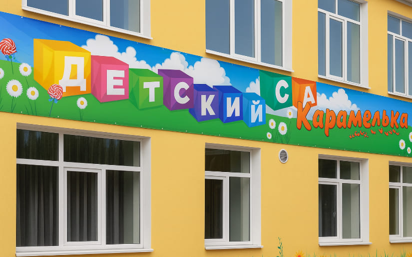 Печать баннера для детского сада "Карамелька" по цене от 200 руб/м2, заказать дешево в Москве🔥