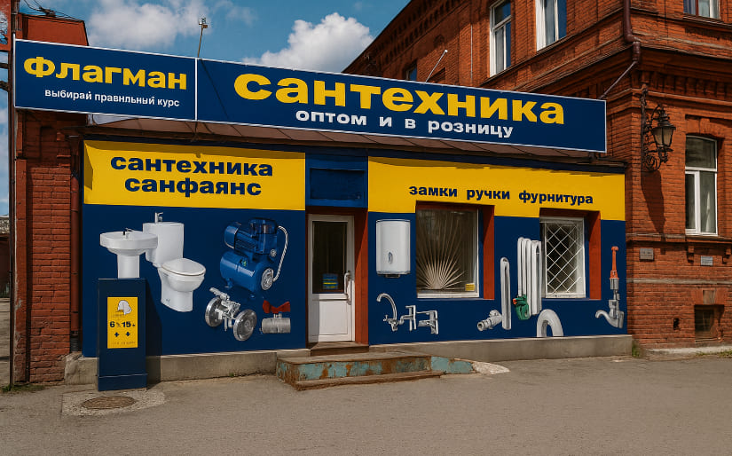 Печать баннера для магазина сантехники "Флагман" по цене от 200 руб/м2, заказать дешево в Москве🔥