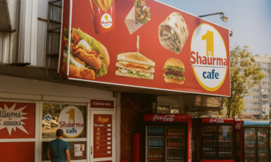 Печать баннера для магазина шаурмы "1 Shaurma Cafe" по цене от 200 руб/м2, заказать дешево в Москве🔥