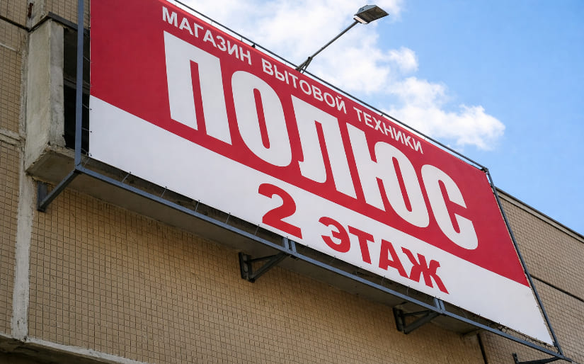 Печать баннера на фасаде для магазина бытовой техники "Полюс" по цене от 200 руб/м2, заказать дешево в Москве🔥