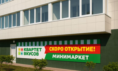 Печать баннера "Скоро открытие" для магазина "Квартет вкусов" по цене от 200 руб/м2, заказать дешево в Москве🔥