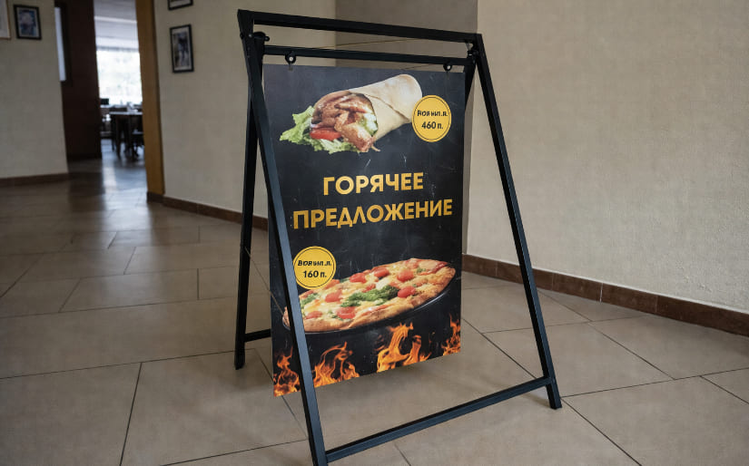 Изготовление штендера для столовой с шаурмой и пиццей по цене от 200 руб/м2, заказать дешево в Москве🔥