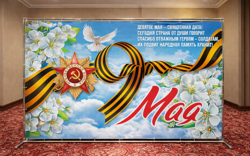 Изготовление стенда для праздника "9 мая" для салона красоты по цене от 200 руб/м2, заказать дешево в Москве🔥