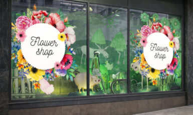 Печать наклеек на стекло магазина цветов "Flower Shop" по цене от 200 руб/м2, заказать дешево в Москве🔥