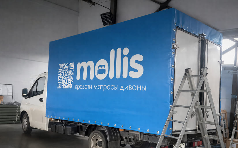 УФ Печать на тенте для магазина мебели "Mollis" по цене от 200 руб/м2, заказать дешево в Москве🔥